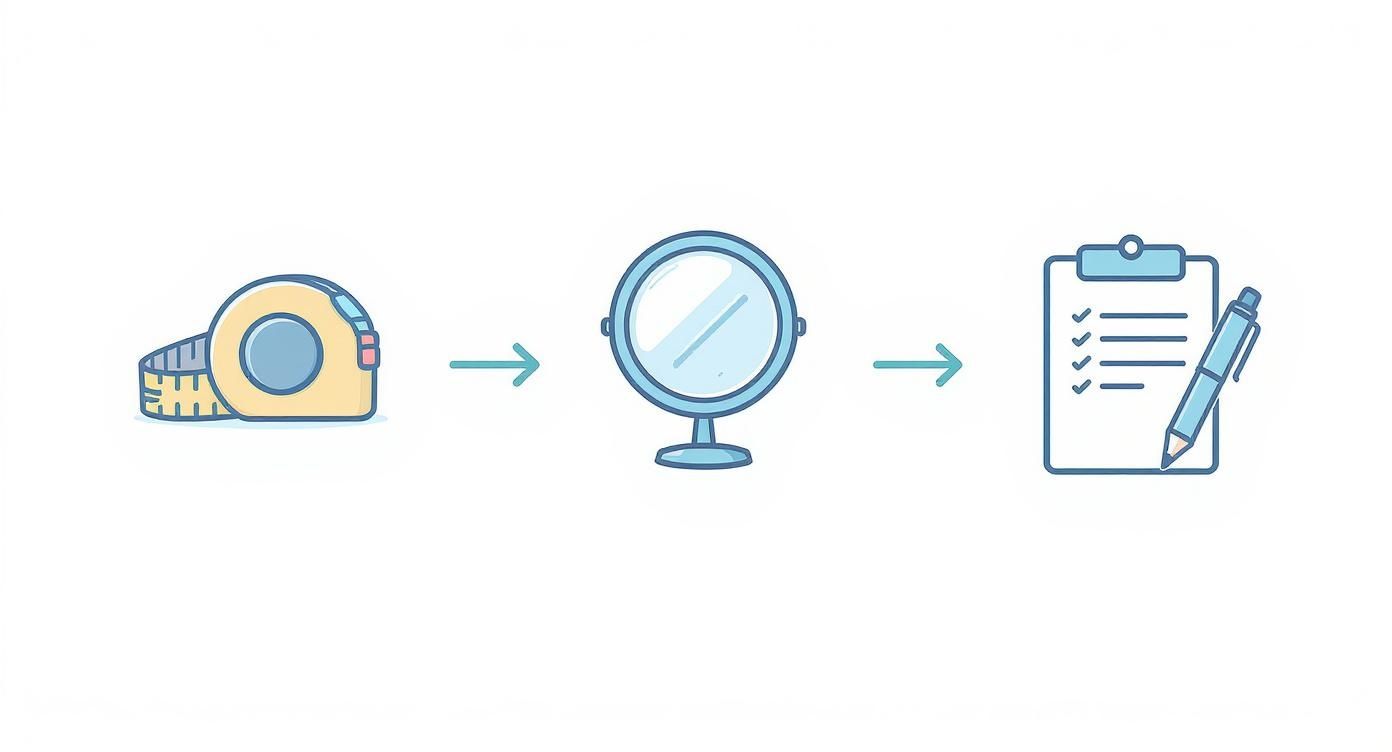 Illustration showing a measuring tape, a mirror, and a clipboard with a checklist, representing a measurement process.