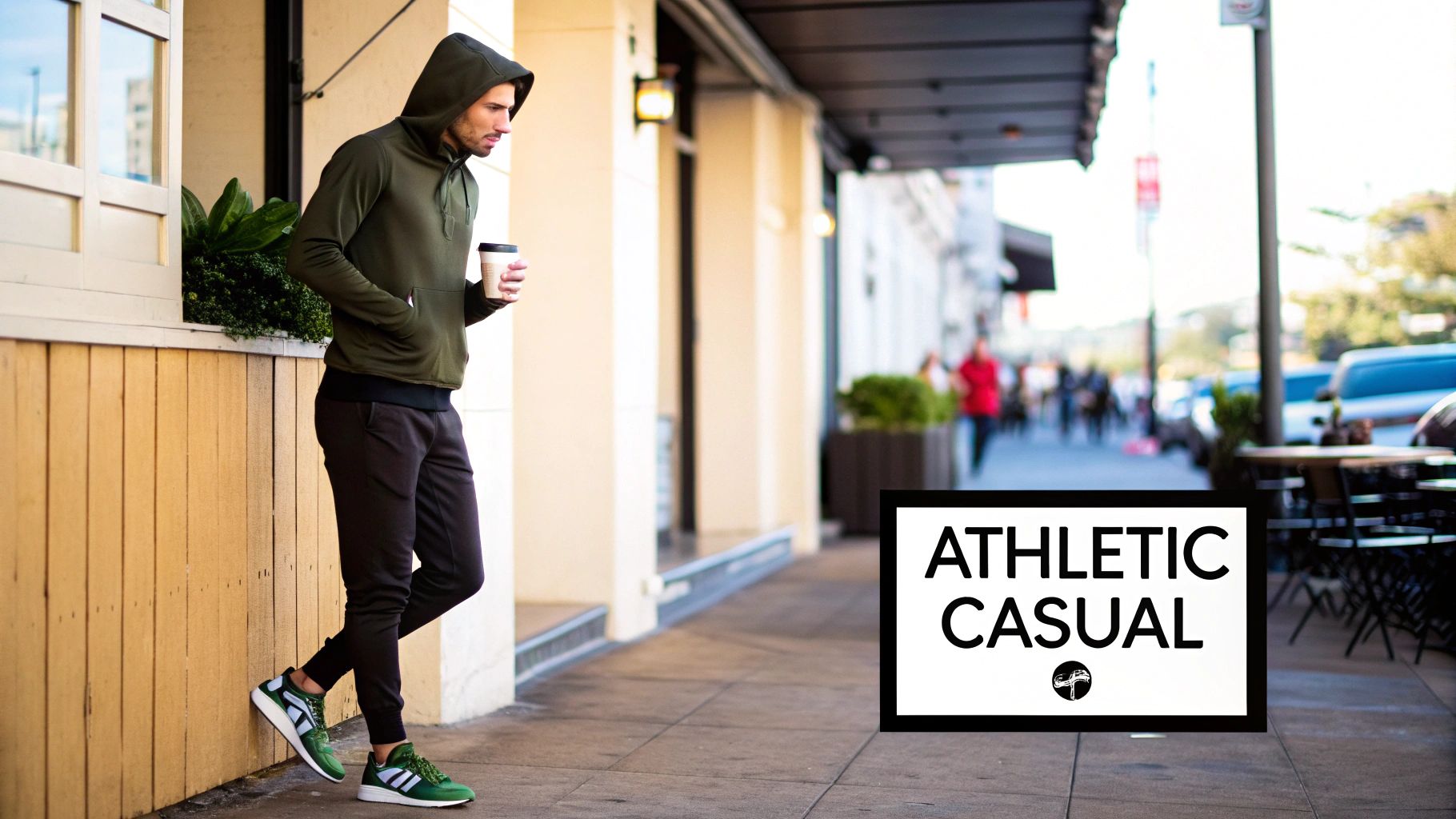 A man in an olive green hoodie and dark joggers stands outdoors, holding a coffee cup, showcasing athletic casual wear.