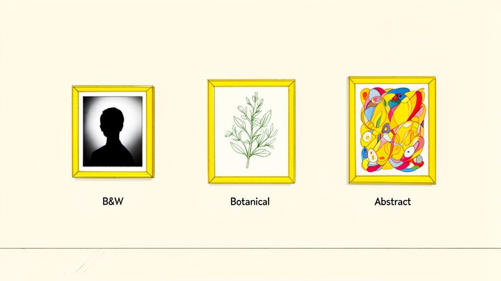 Three yellow-framed pictures on a cream wall: a B&W silhouette, a botanical drawing, and a colorful abstract painting.