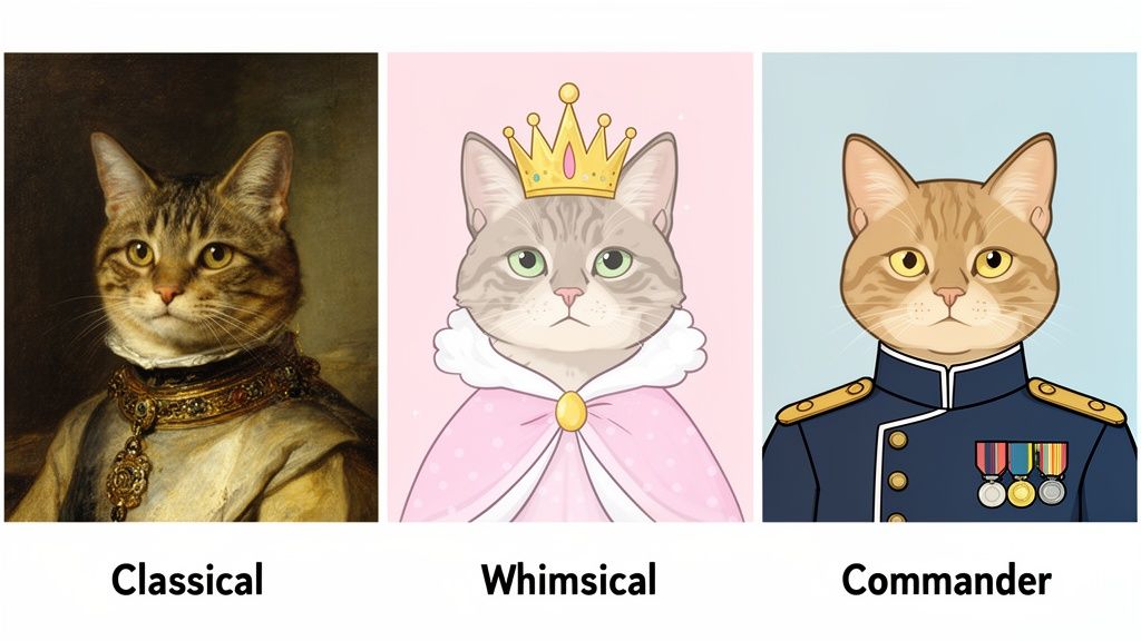 Three unique cat portraits: a classical painting, a whimsical princess, and a military commander.