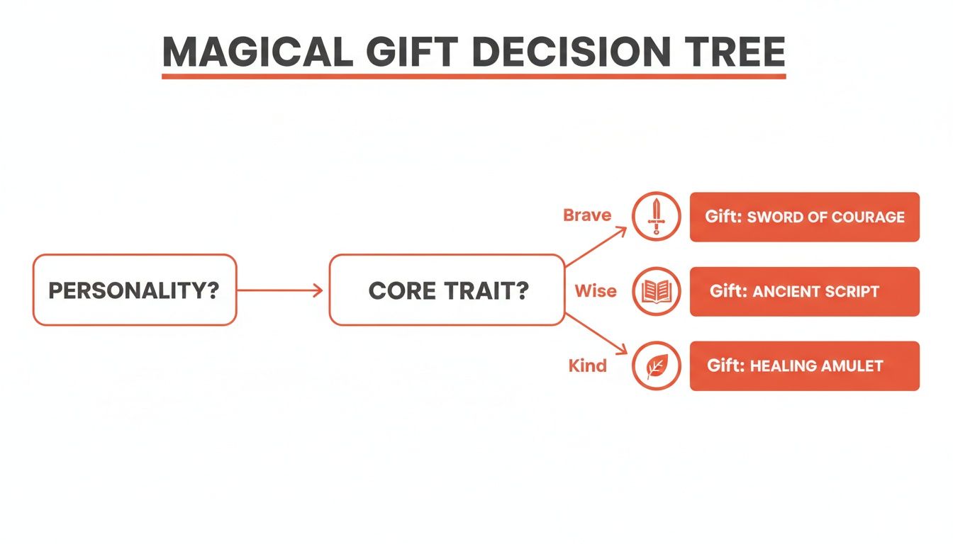 A decision tree diagram illustrating magical gift recommendations based on core personality traits.