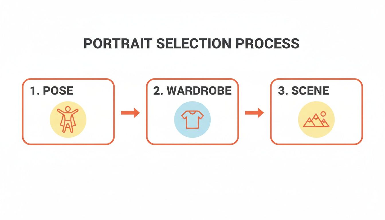 A flowchart illustrates the portrait selection process with steps for pose, wardrobe, and scene.