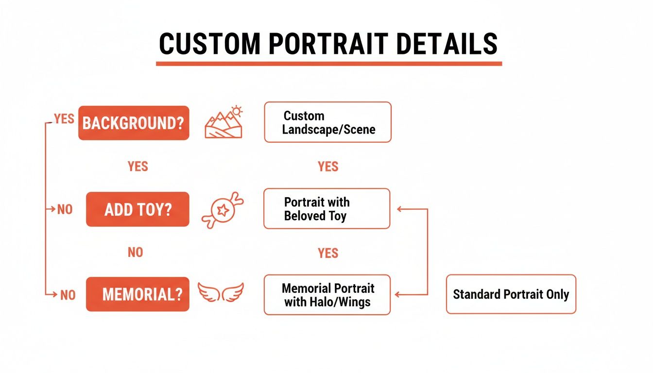 Flowchart detailing custom portrait options for art, including backgrounds, beloved toys, and memorial halos or wings.