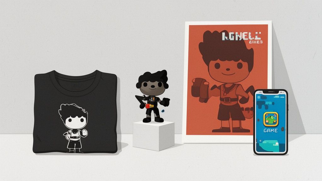 Merchandise display featuring a cartoon character from Agnelil Games: a black t-shirt, figurine, poster, and mobile app.