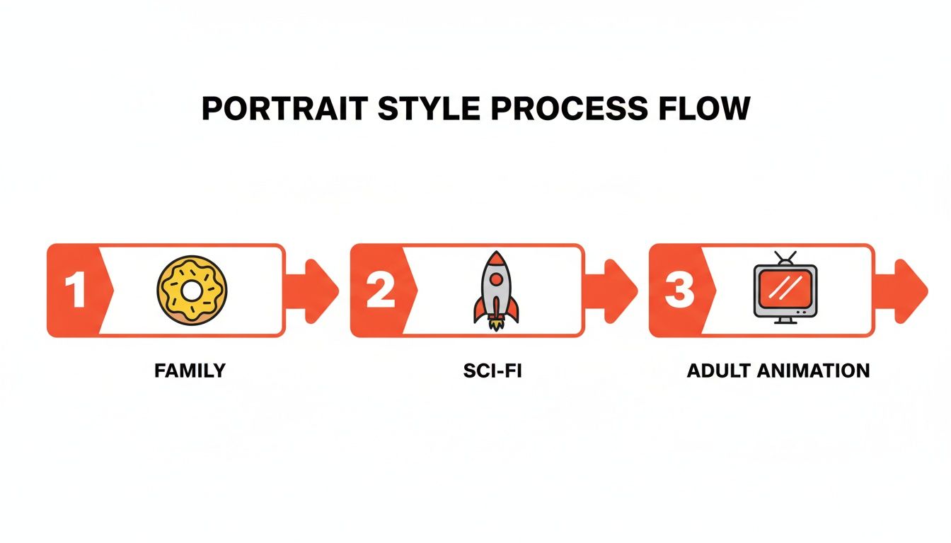 A clear process flow diagram illustrating three portrait animation styles: Family, Sci-Fi, and Adult Animation.