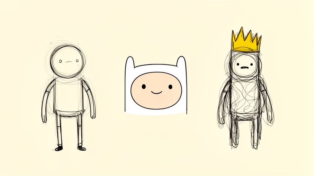Three stylized drawings of Finn from Adventure Time, showing his humanized forms and iconic hat.