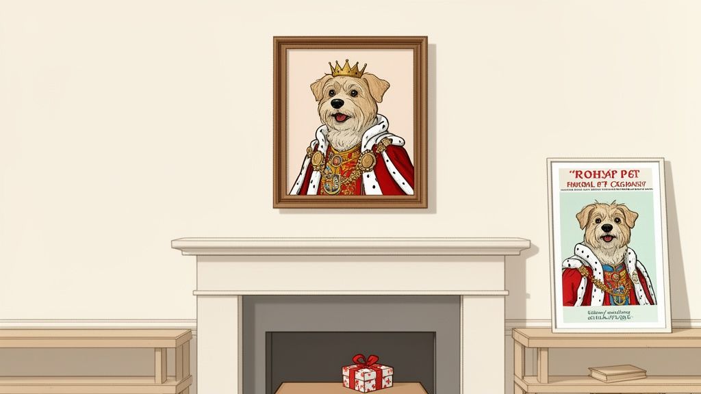 Two framed portraits of a dog dressed as a king in royal robes, displayed in a room.