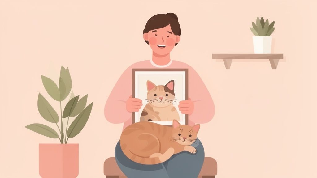 A smiling person holds a framed cat portrait while a real cat rests on their lap.