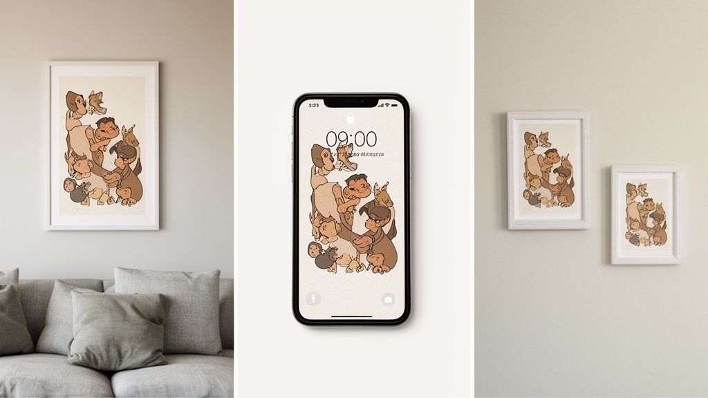 Art print and phone wallpaper showing unique stacked brown cartoon figures in various settings.