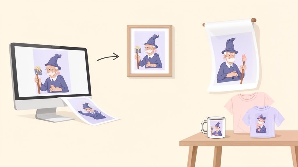 Digital illustration of a wizard character on a computer screen, framed art, wall poster, mug, and t-shirts, showcasing personalized merchandise.