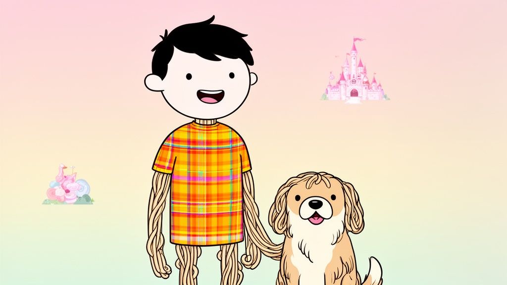 A cartoon boy with noodle limbs and a plaid shirt stands with his dog near fantasy castles.