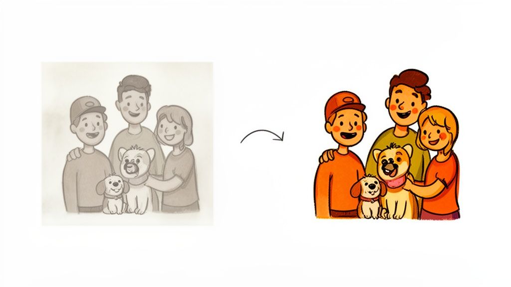 A grayscale sketch of a family with two dogs transforms into a vibrant, colorful cartoon illustration.
