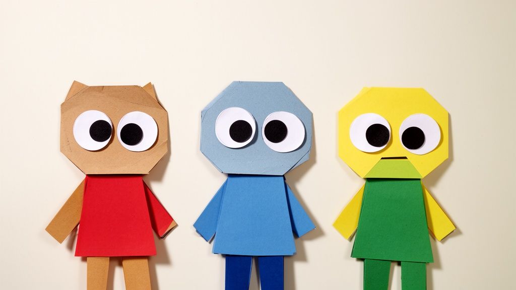 Three colorful paper doll characters with large googly eyes stand against a plain background.