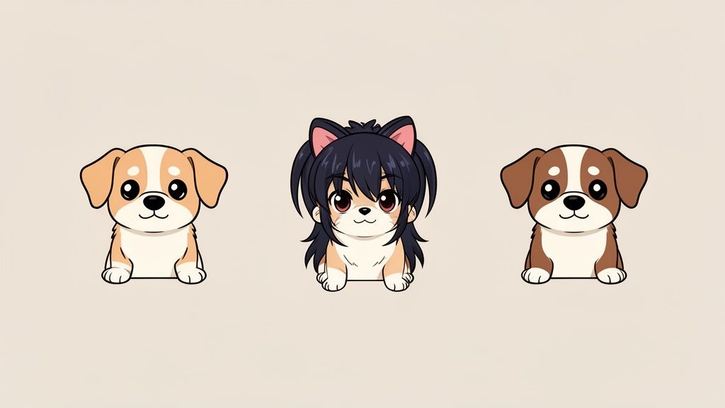 Three adorable cartoon puppies, including an anime-style dog girl, pose cutely on a plain background.