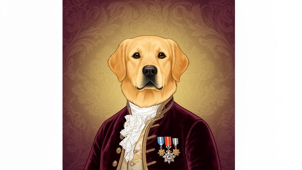 A regal Golden Retriever dog portrait, dressed in a burgundy velvet coat with medals, against a damask background.