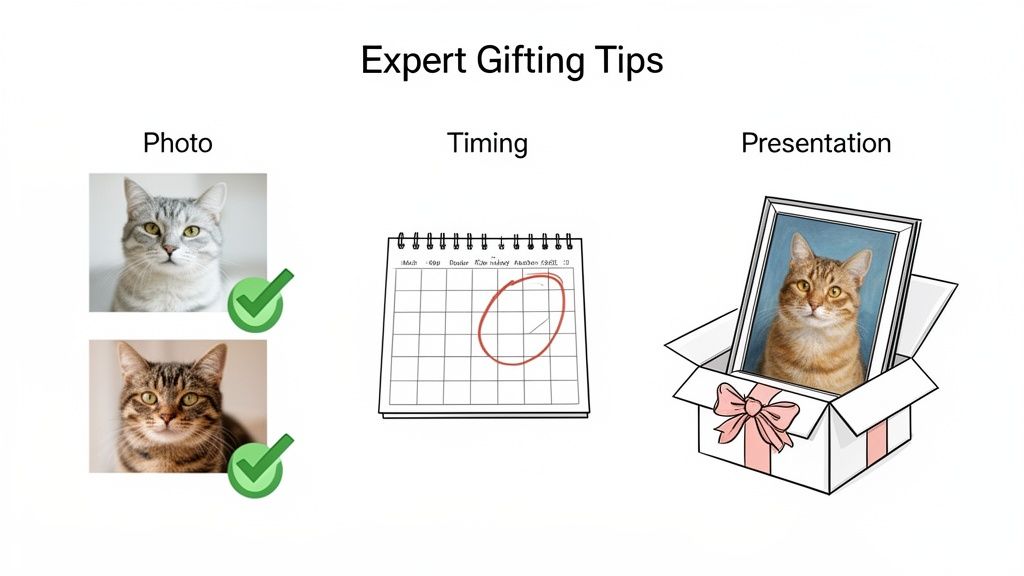 Expert gifting tips for cat lovers, showing ideal pet photos, timing, and gift presentation ideas.
