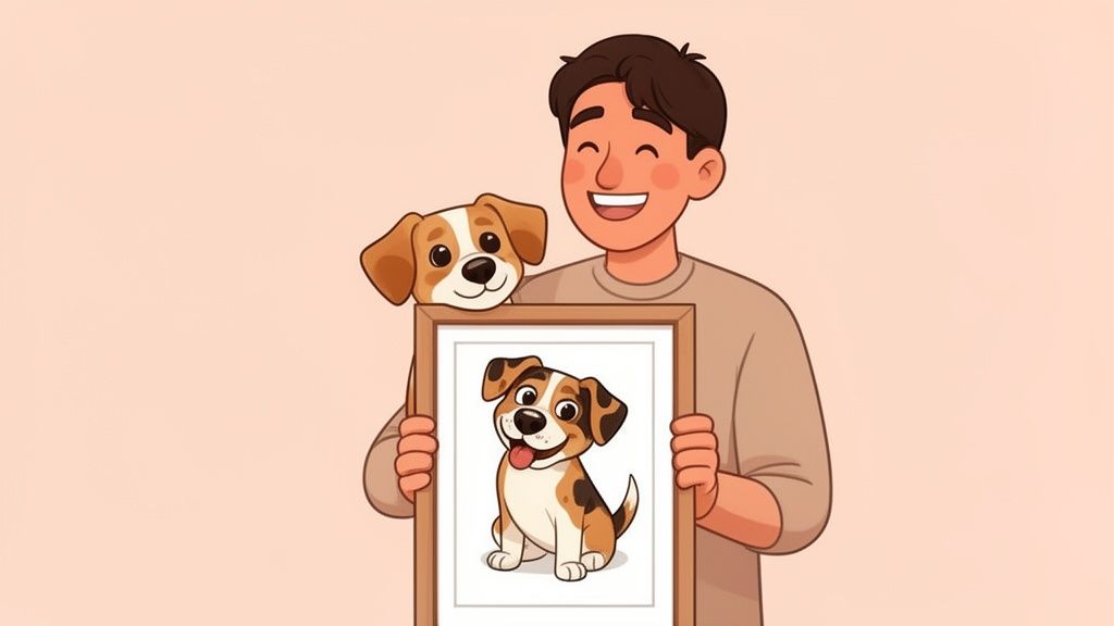A happy man holds a framed picture of a cheerful dog, with a real dog peeking over.