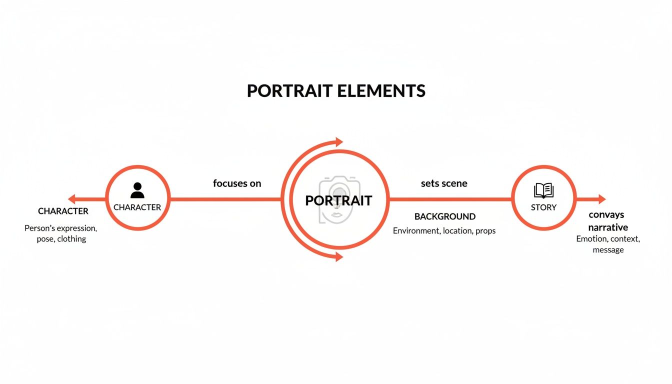 An infographic depicting portrait elements, illustrating the relationship between character, background, and story.
