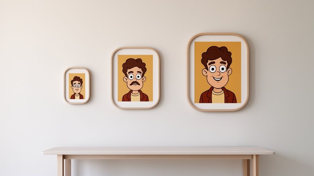 Three framed cartoon portraits of a man in various styles on a white wall above a wooden table.