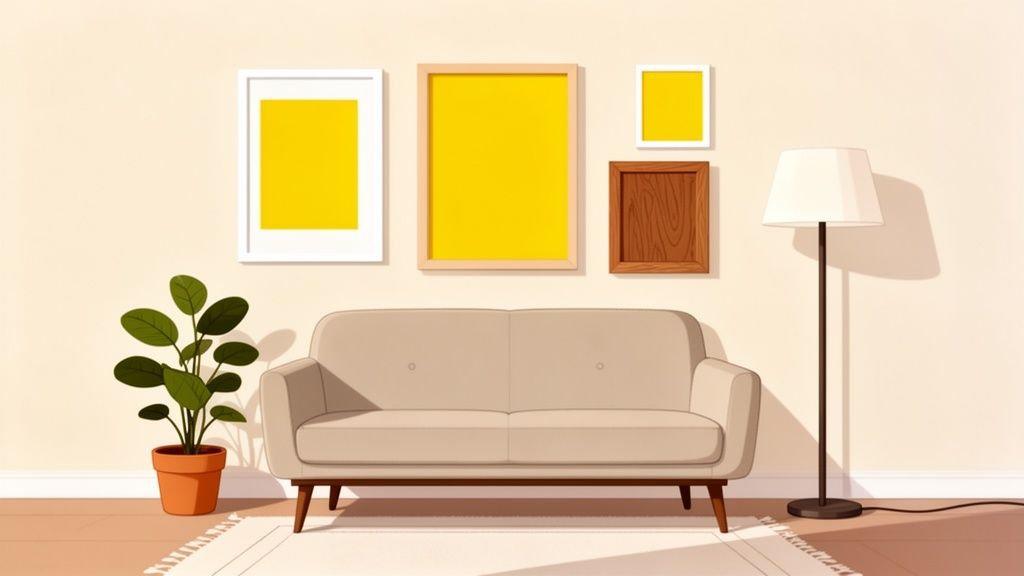 A cozy living room with a beige sofa, potted plant, and a gallery wall featuring yellow-framed art.