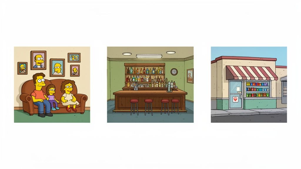 Three cartoon scenes from The Simpsons: a family on a couch, a bar, and a convenience store.