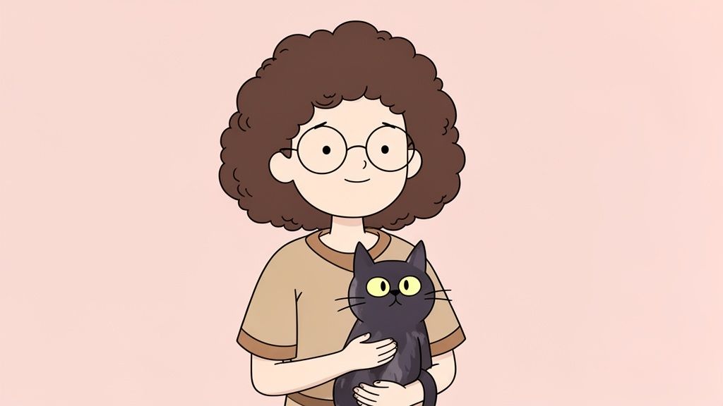 A person with curly brown hair and glasses gently holds a black cat with yellow eyes.