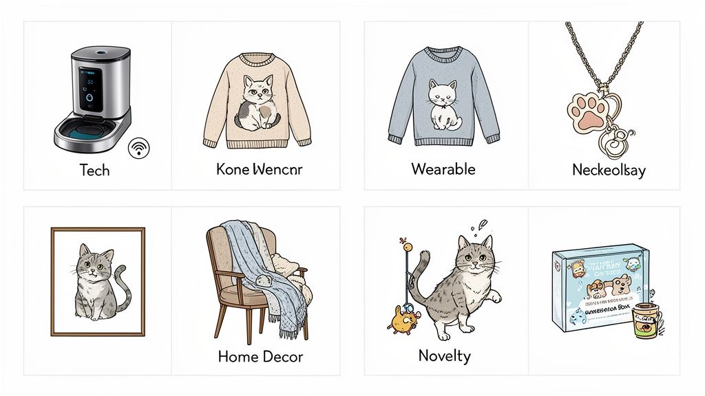 A grid of illustrations showcasing various cat-themed gifts, including tech, apparel, jewelry, and home decor items.