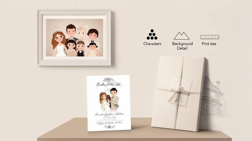 Display of custom animated family portrait, wedding invitation, and options for personalized art.