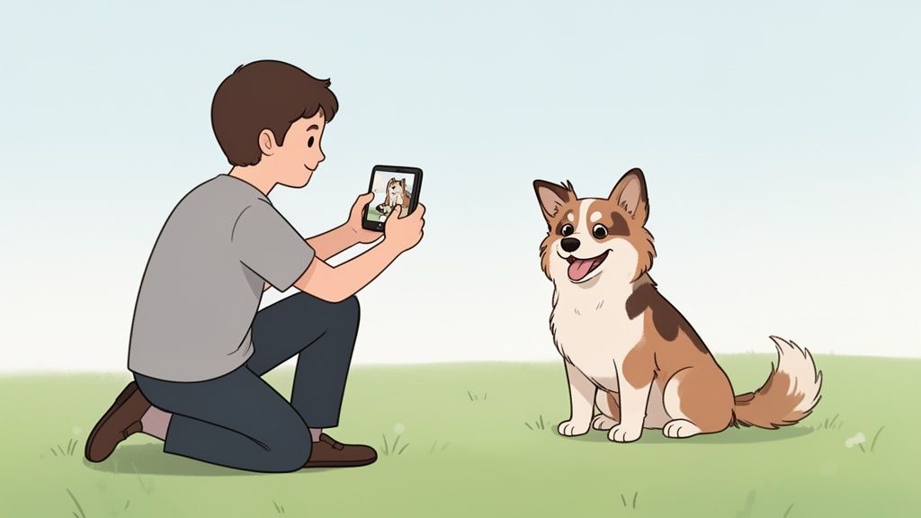 A person kneels on grass, using a smartphone to photograph a smiling corgi dog.