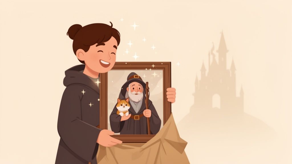 A smiling person in a wizard robe holds a framed picture of a wizard with a small cat.