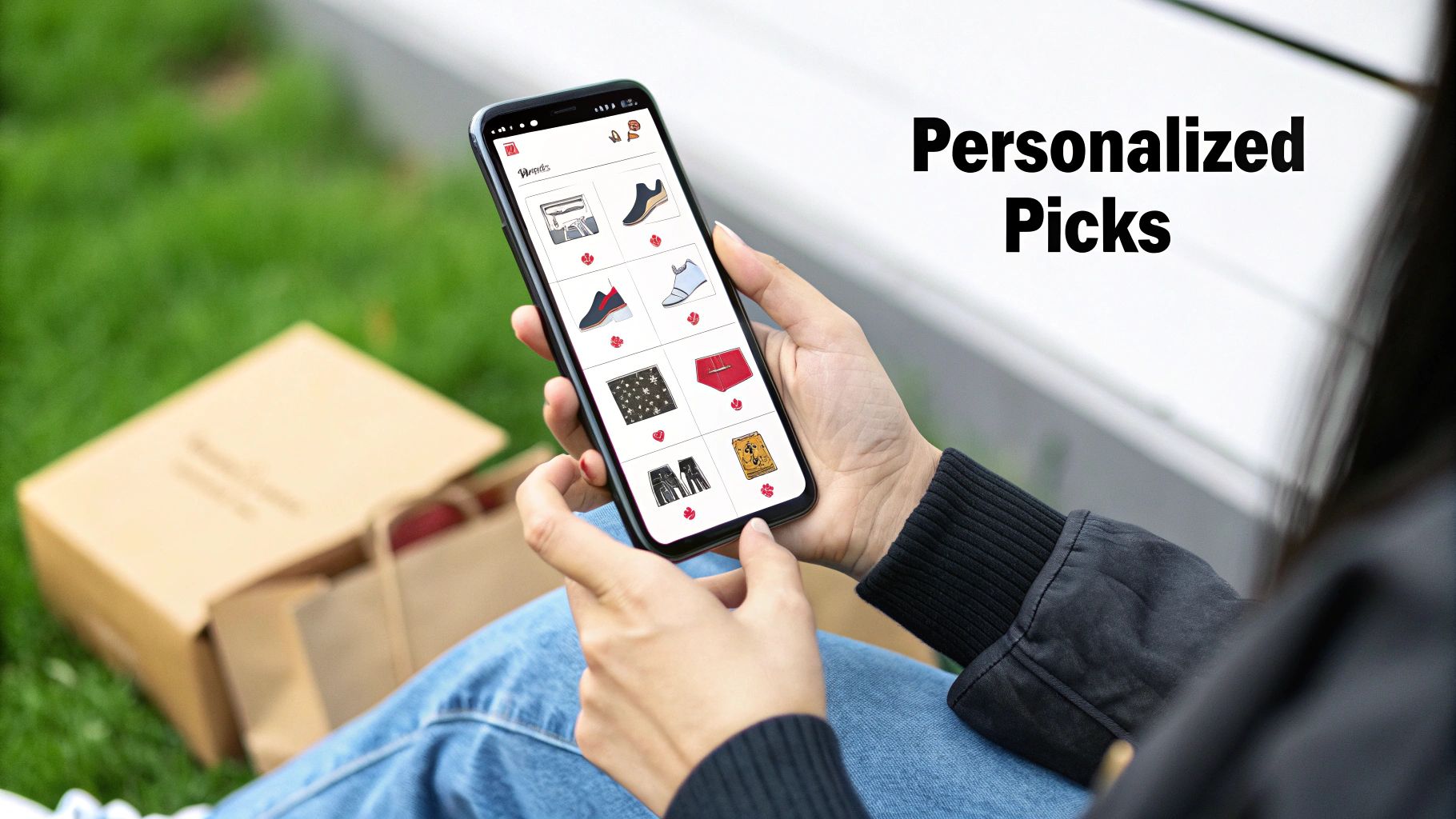 A person holds a smartphone displaying a shopping app with personalized fashion picks, outdoors.