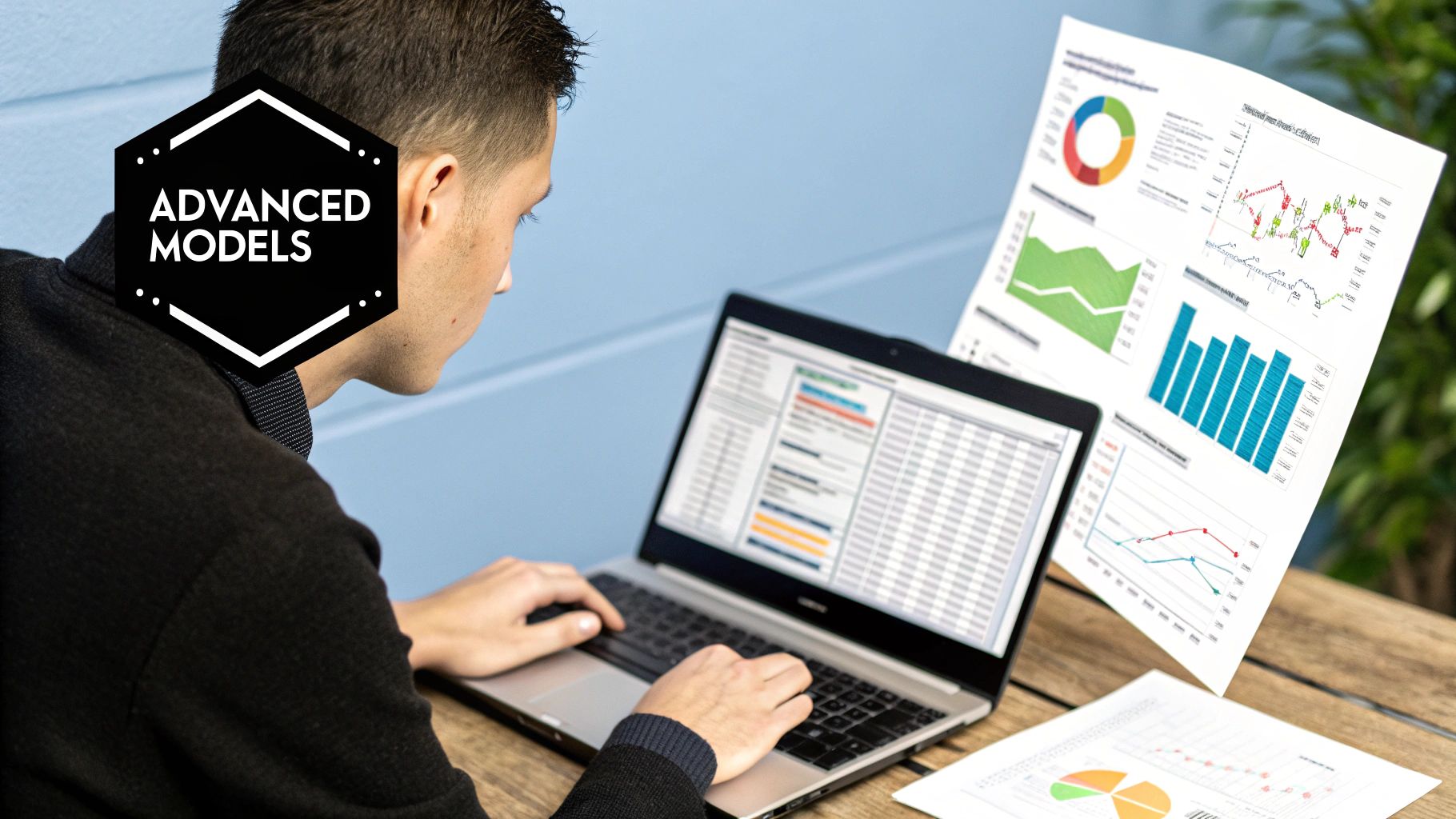 A person working on a laptop, analyzing a complex financial model with charts and graphs displayed on the screen, symbolizing the adoption of driver-based forecasting.