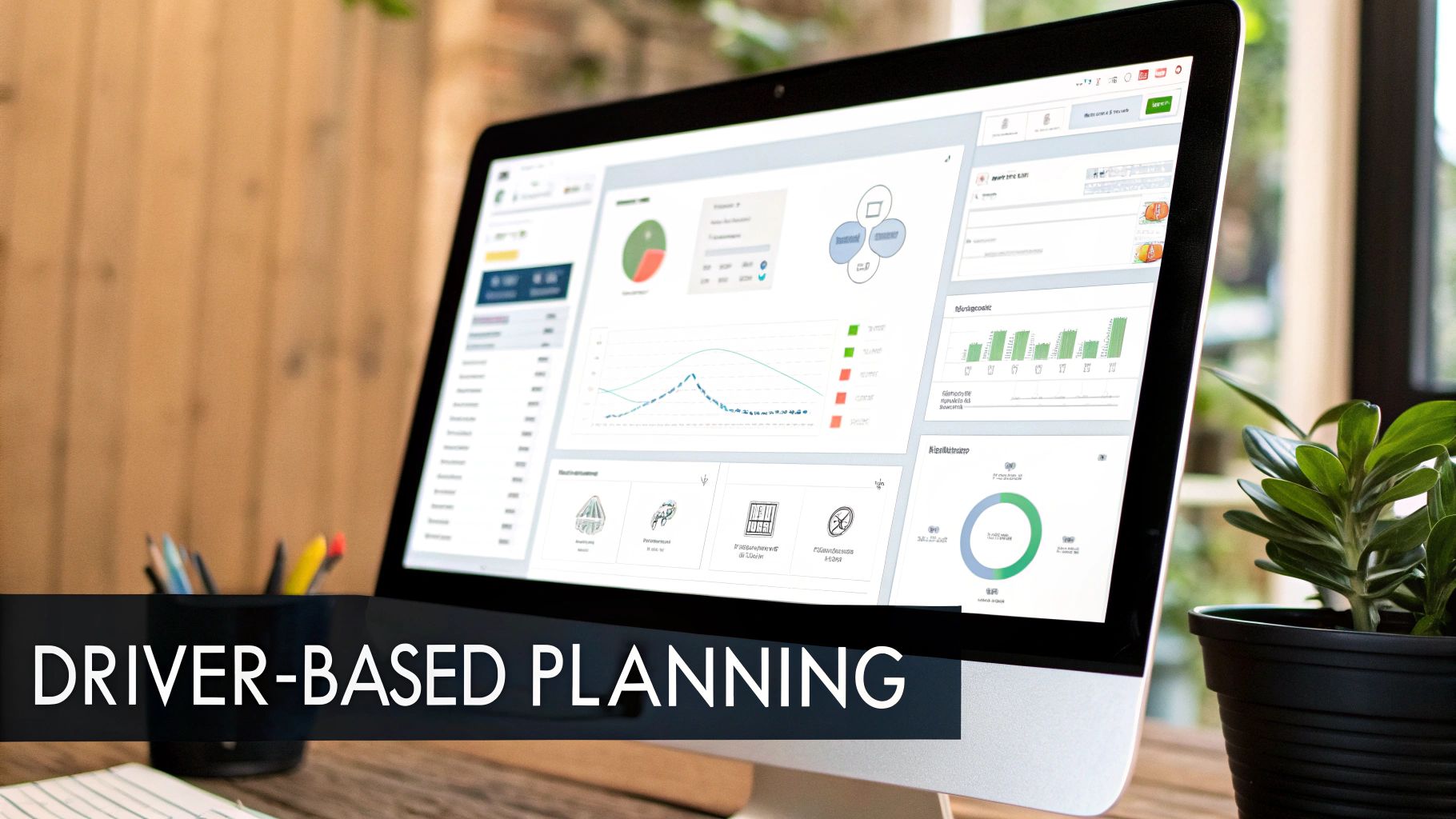 A computer screen displays a driver-based planning dashboard with various charts and graphs on a wooden desk.