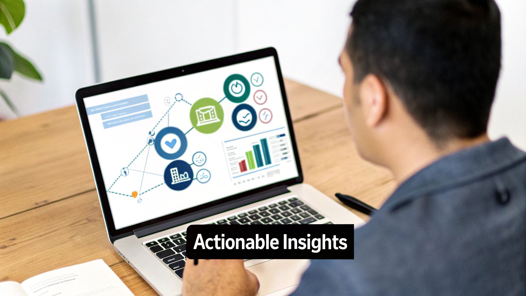 A person reviews actionable insights and data models on a laptop screen displaying charts and icons.