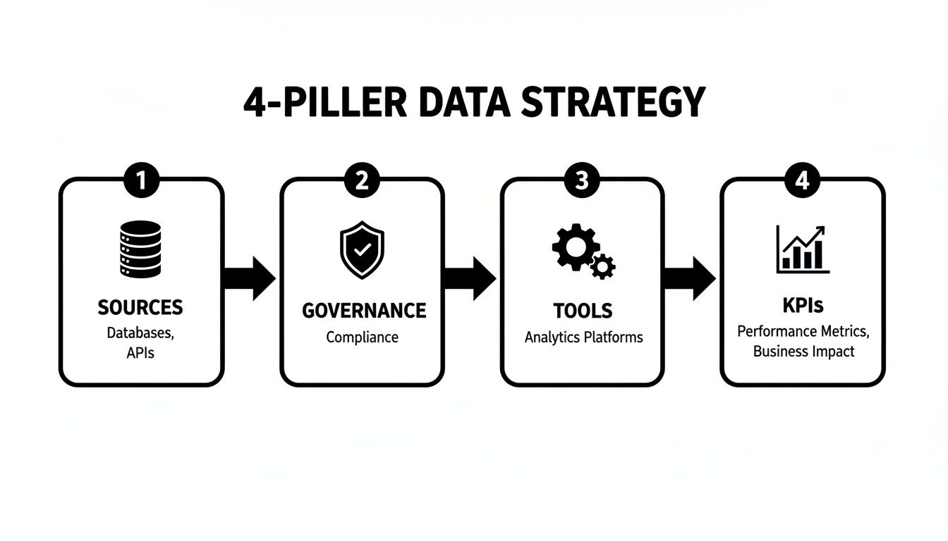 A four-pillar data strategy flowchart from sources to governance, tools, and KPIs.
