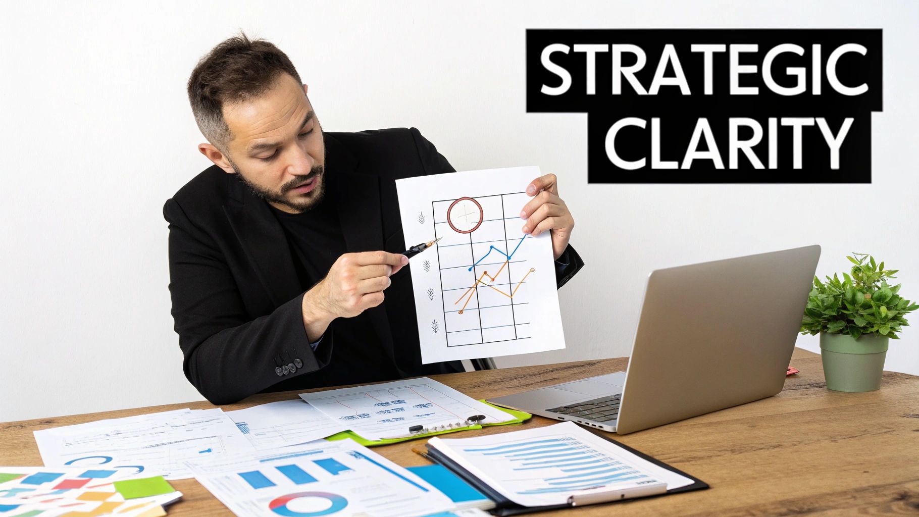 A person at a desk surrounded by organized charts and graphs, representing strategic clarity from data chaos.