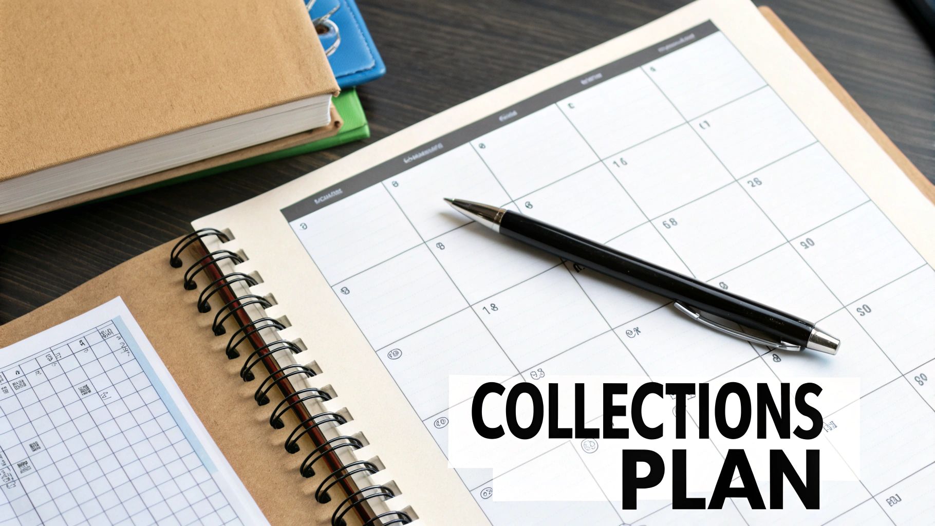 A close-up of an open spiral planner with a pen, books, and the text 'COLLECTIONS PLAN'.