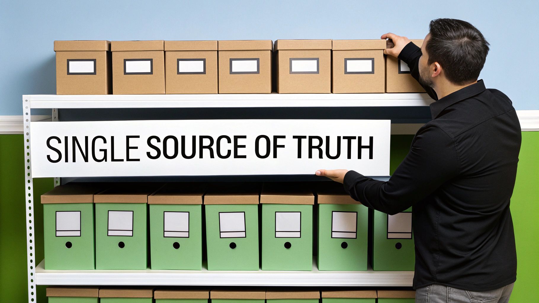 A man organizing data storage boxes, establishing a single source of truth.