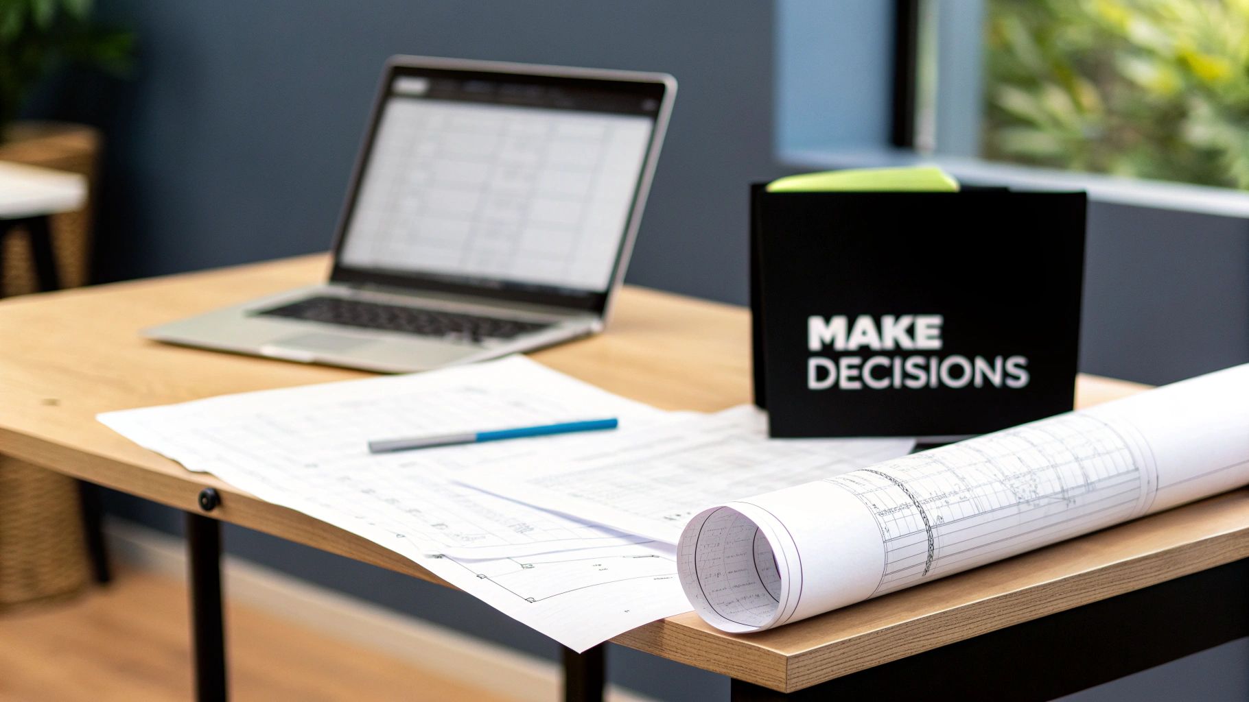 A clear wooden desk features a laptop, blueprints, documents, a pen, and a "MAKE DECISIONS" box.