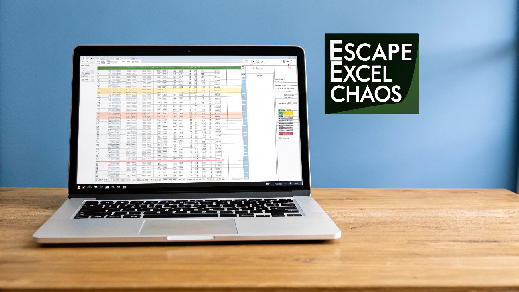 A laptop displaying a complex Excel spreadsheet on a wooden desk, next to an 'Escape Excel Chaos' graphic.