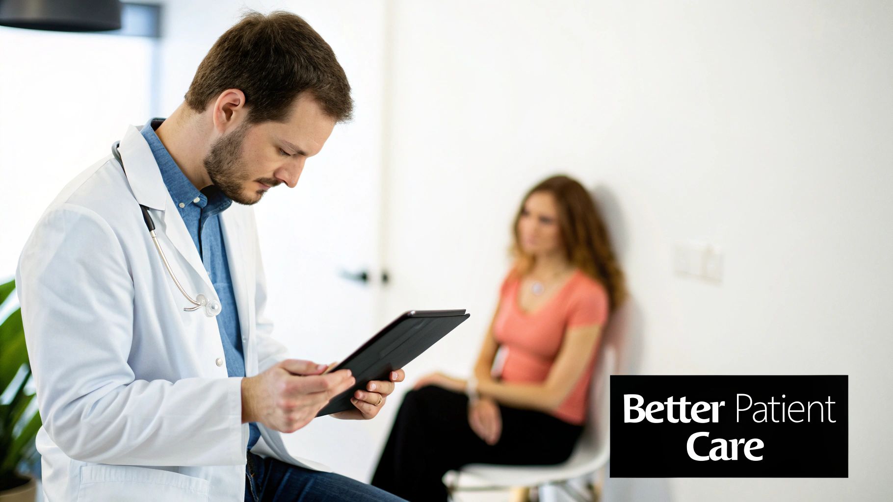 A doctor reviews a tablet, with a patient in the background, symbolizing data-driven patient care.