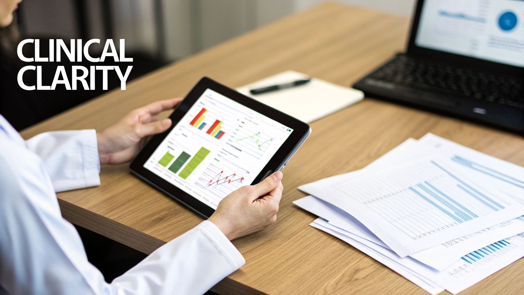 A medical professional in a lab coat uses a tablet displaying clinical data charts and graphs.