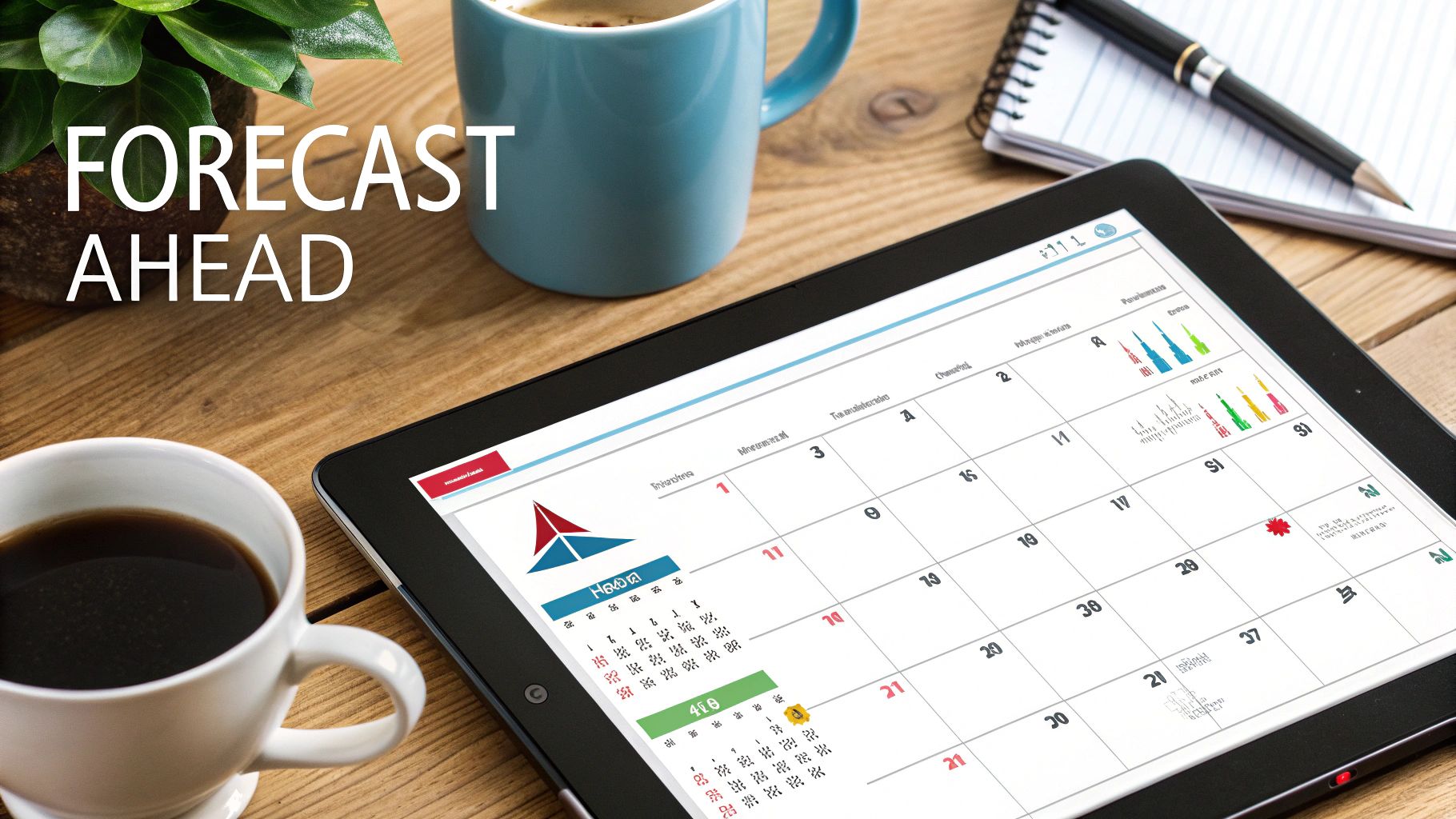 A crystal ball on a desk showing glowing data charts and graphs, symbolising predictive analytics.