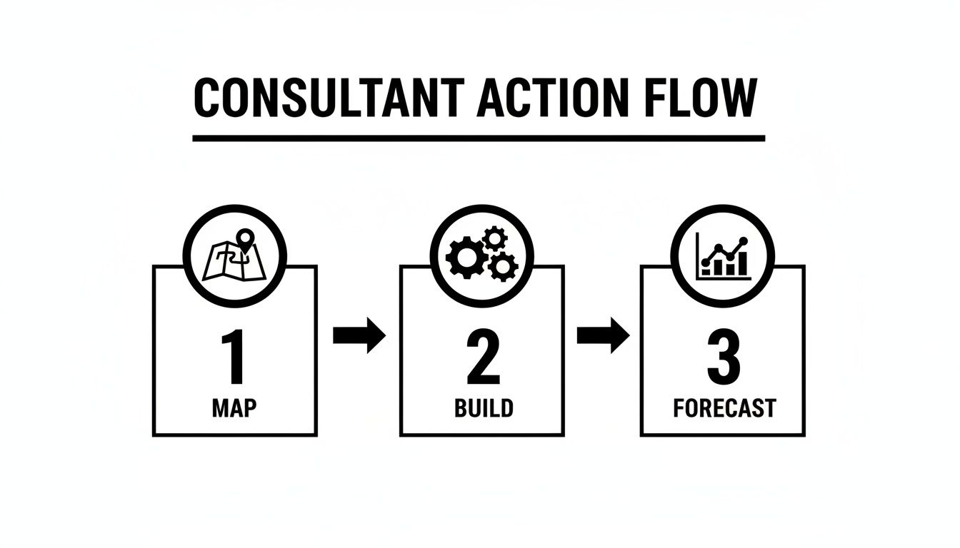 Flowchart detailing the consultant action process in three steps: Map, Build, and Forecast.