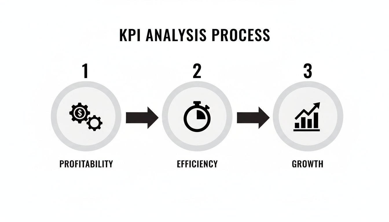 An infographic showing the KPI analysis process: Profitability, Efficiency, and Growth steps.
