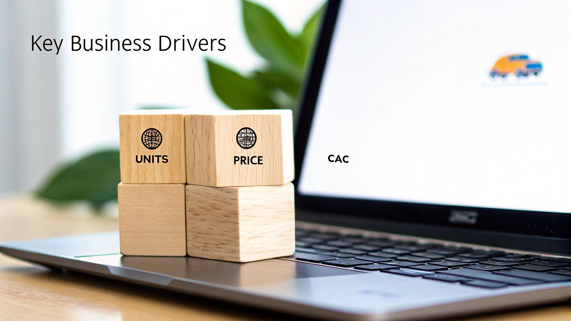 Laptop screen showing 'Key Business Drivers' and 'CAC', with wooden blocks labeled 'UNITS' and 'PRICE'.