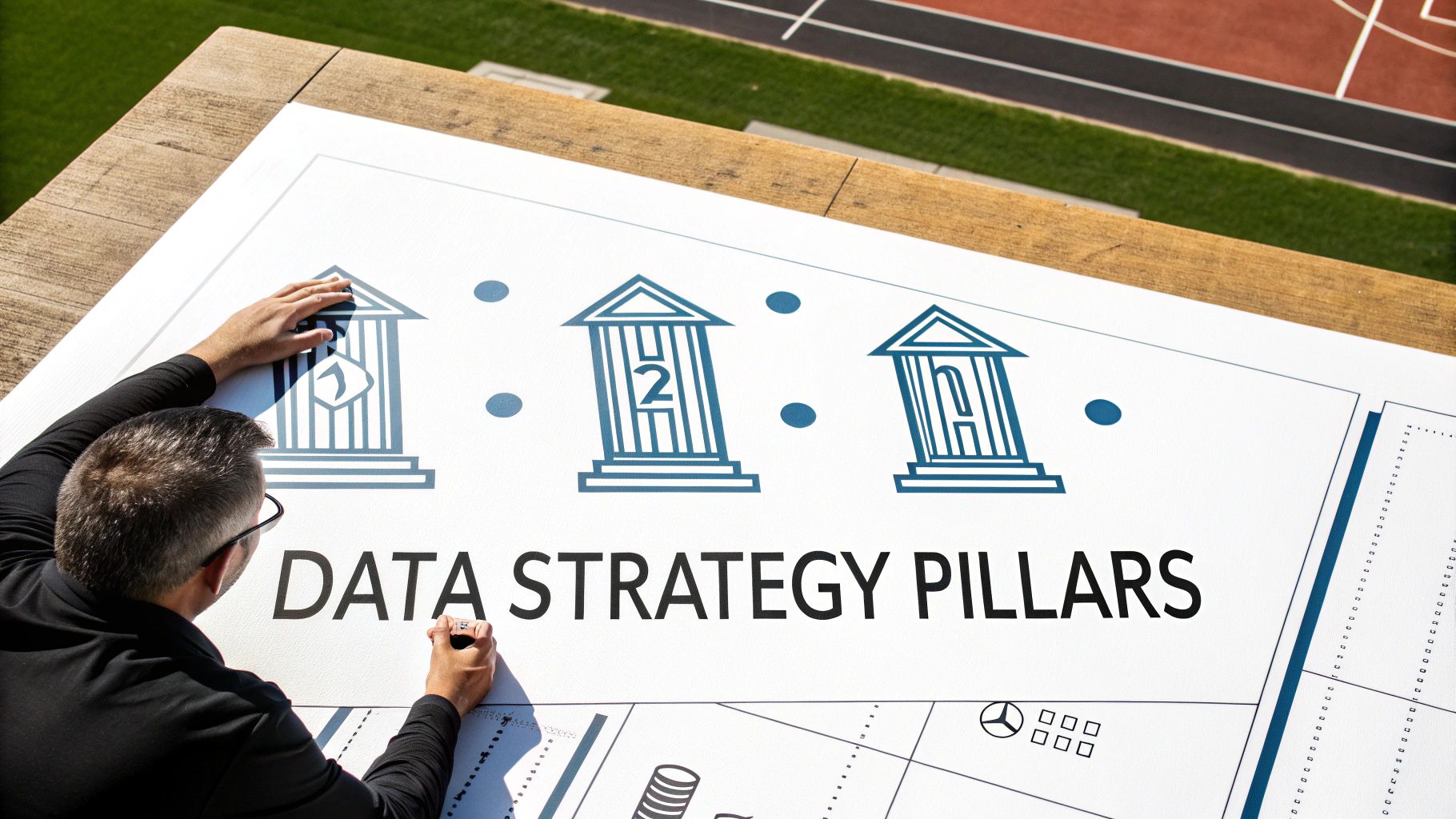 A balanced structure with four pillars, each representing a core component of a data analytics strategy.