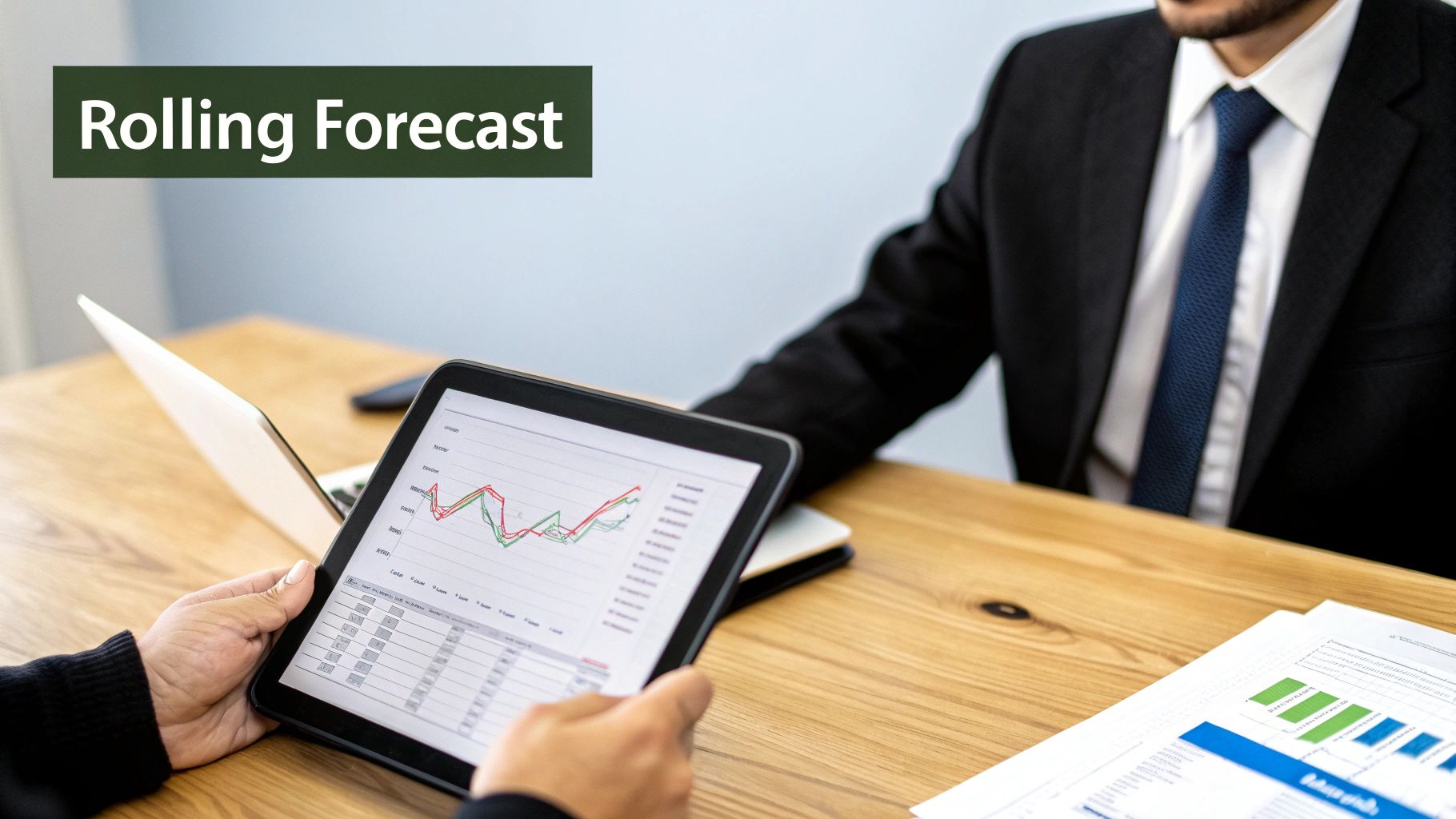 A person at a desk looking at a computer screen with financial charts and graphs, representing financial forecasting.