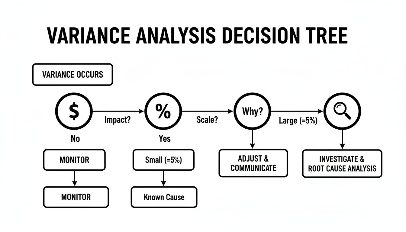 A variance analysis decision tree flowchart outlining steps to take based on impact, scale, and cause.