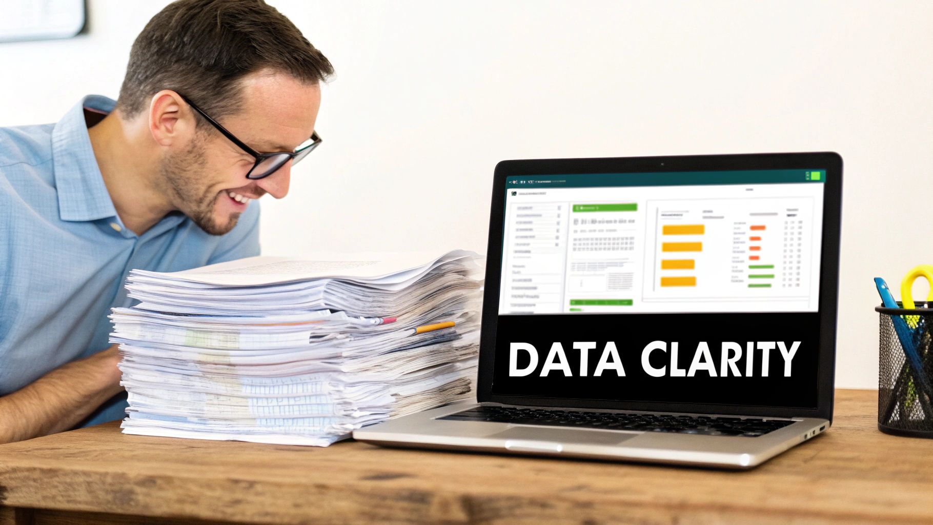 A focused business professional analyzing clear data visualizations on a screen, representing the transition from chaos to clarity